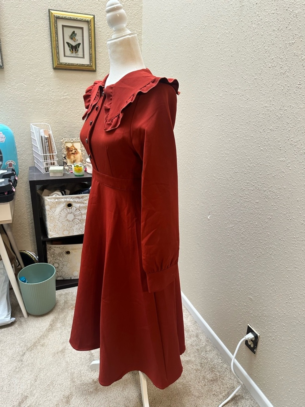 VTG 50s Burgundy Doll Collar Button Fit And Flare Pin Up Midi Dress S/M Retro - Picture 2 of 11